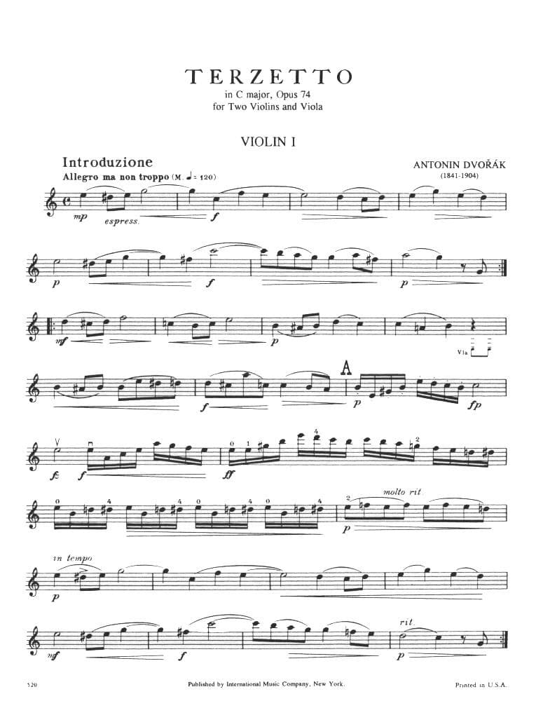 Dvorák, Antonín - Terzetto In C Major, Op 74 - Two Violins and Viola - International Music Co