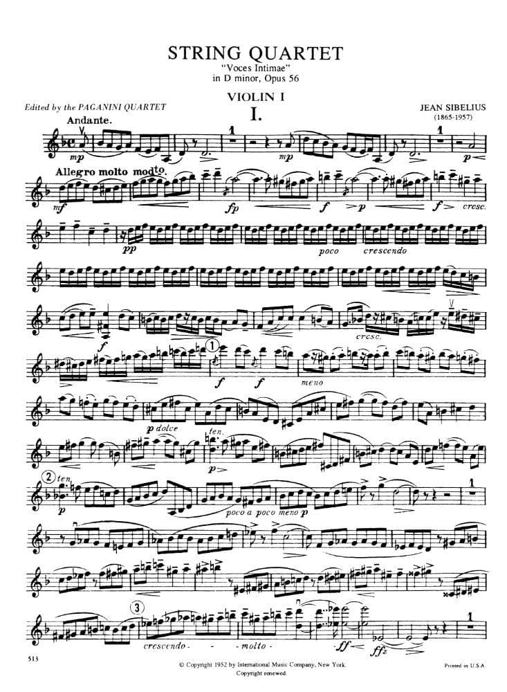 Sibelius, Jean - Quartet in d minor Voces Intimae Op 56 Published by International Music Company
