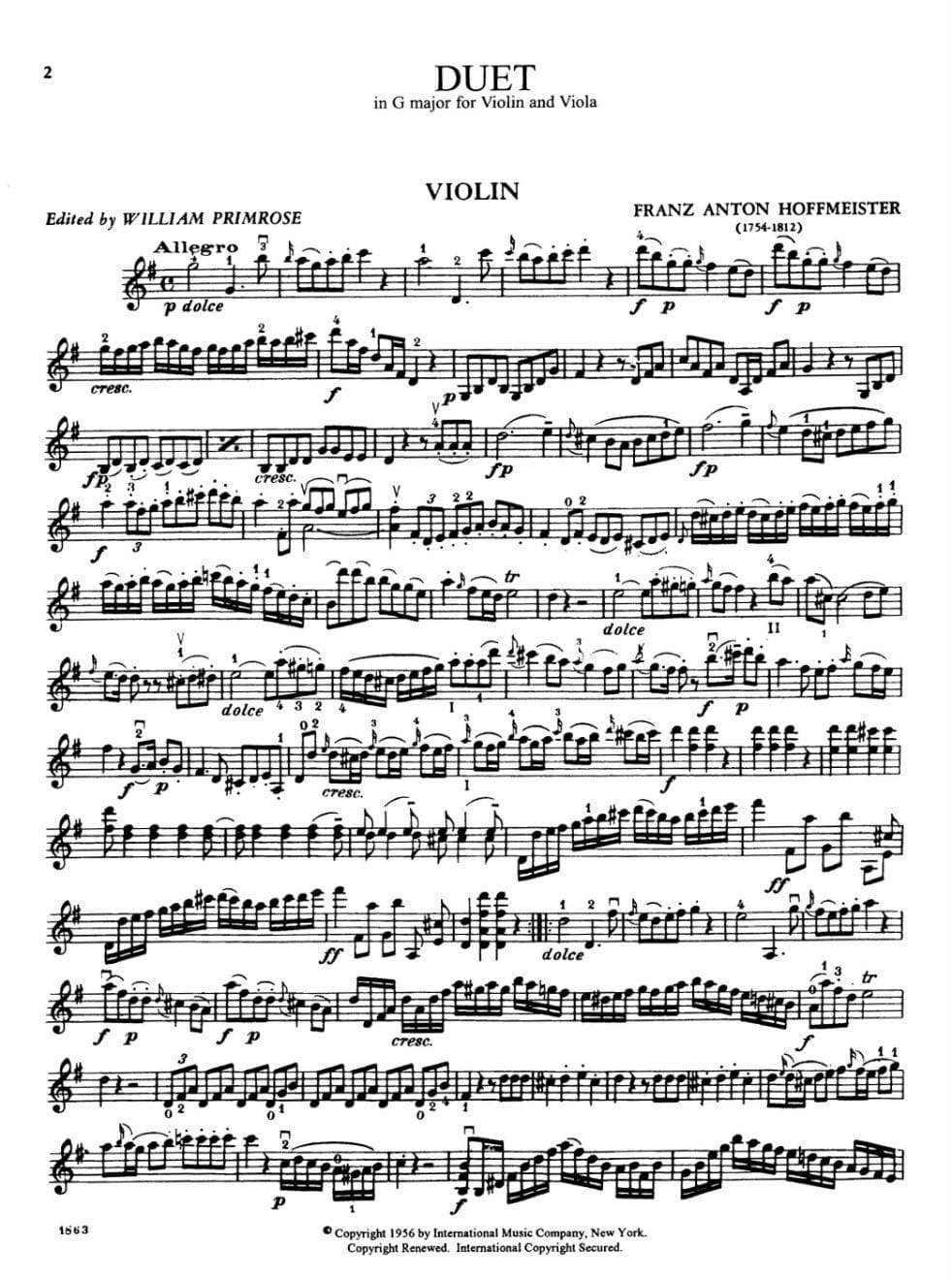 Hoffmeister, Franz Anton - Duet in G Major - Violin and Viola - edited by William Primrose - International Edition