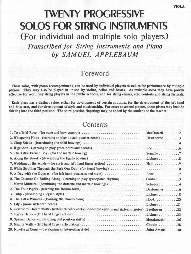 Applebaum, Samuel -20 Progressive Solos For String Instruments for Viola - Belwin/Mills Publication
