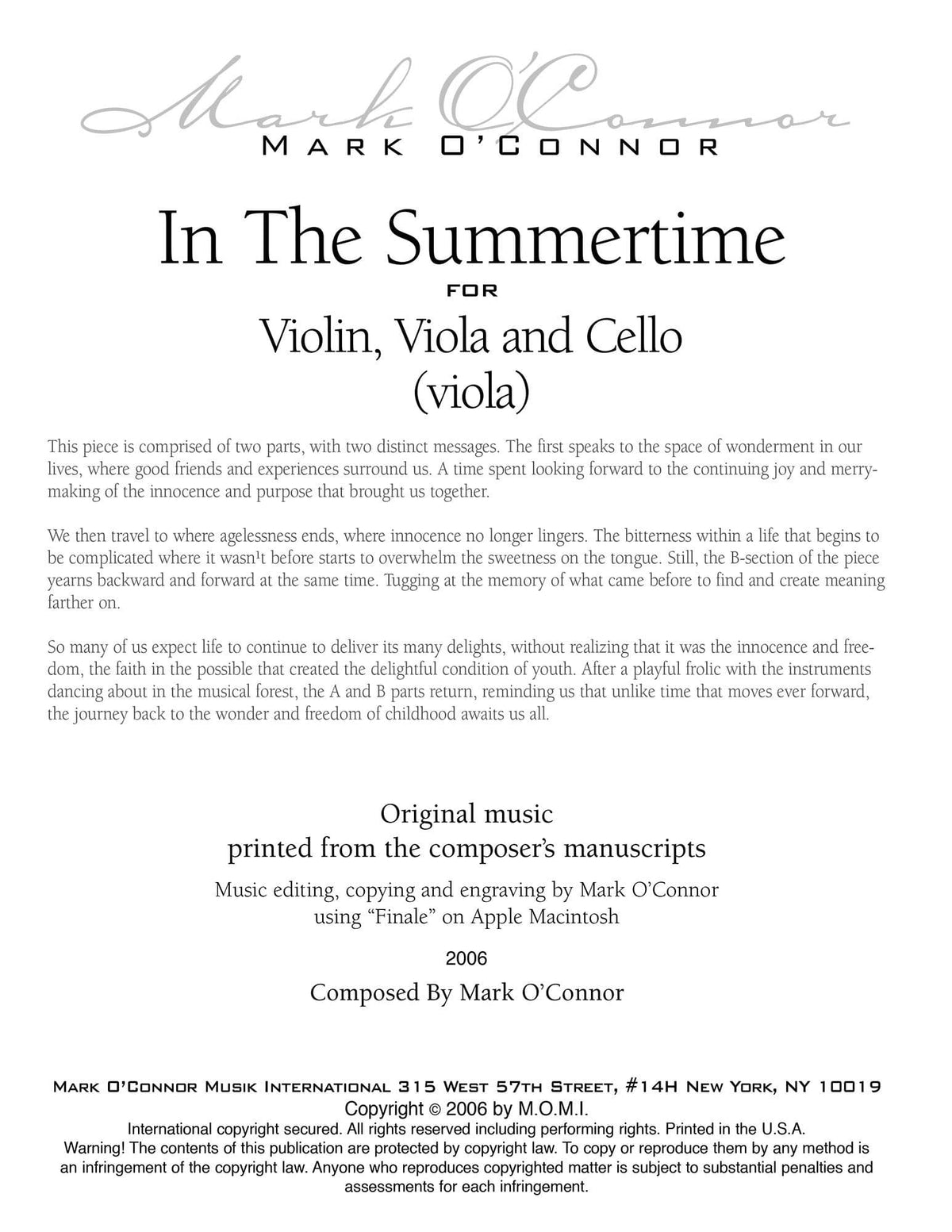 O'Connor, Mark - In the Summertime for Violin, Viola, and Cello - Viola - Digital Download