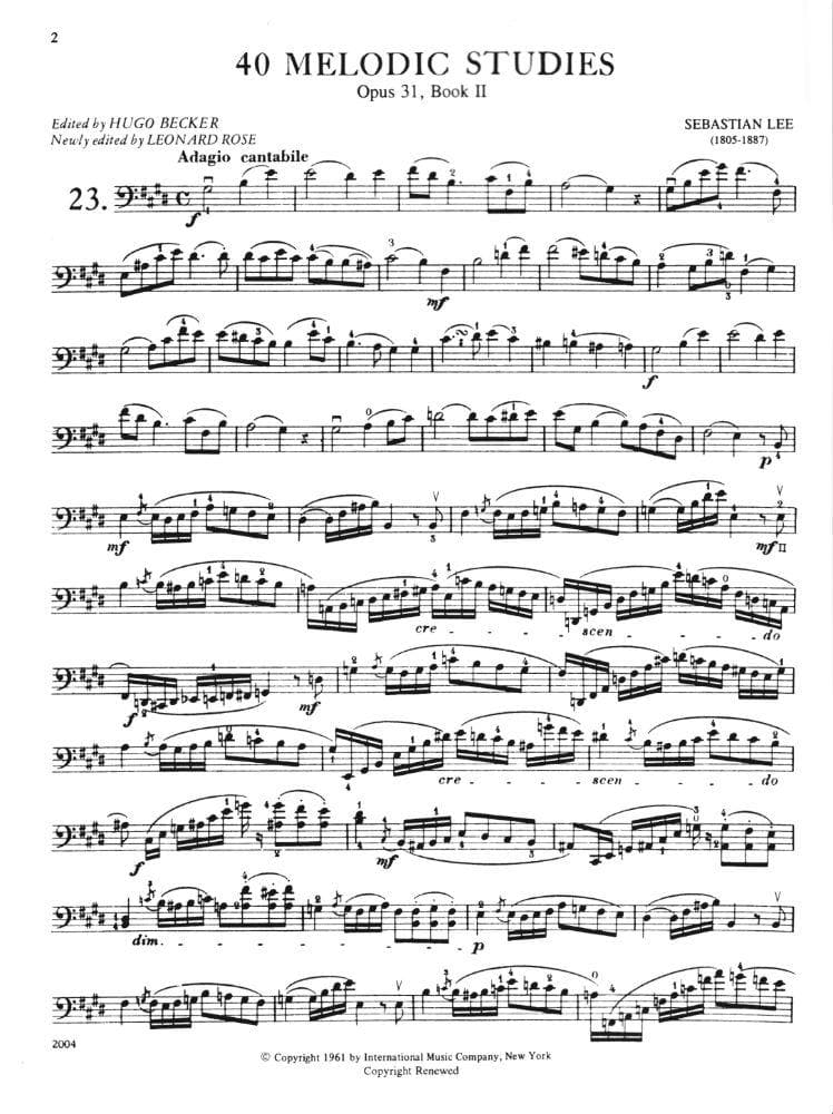 Lee, Sebastian - 40 Melodic Studies, Op 31, Volume 2 (Nos 23-40) - Cello solo - edited by Leonard Rose - International Music Co