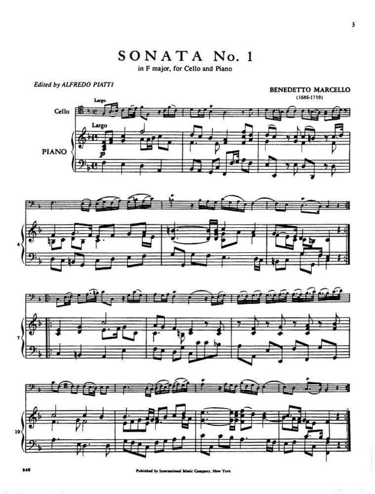 Marcello, Benedetto - Two Sonatas: No 1 in F Major and No 4 in g minor - Cello and Piano - edited by Alfredo Piatti - International Music Co