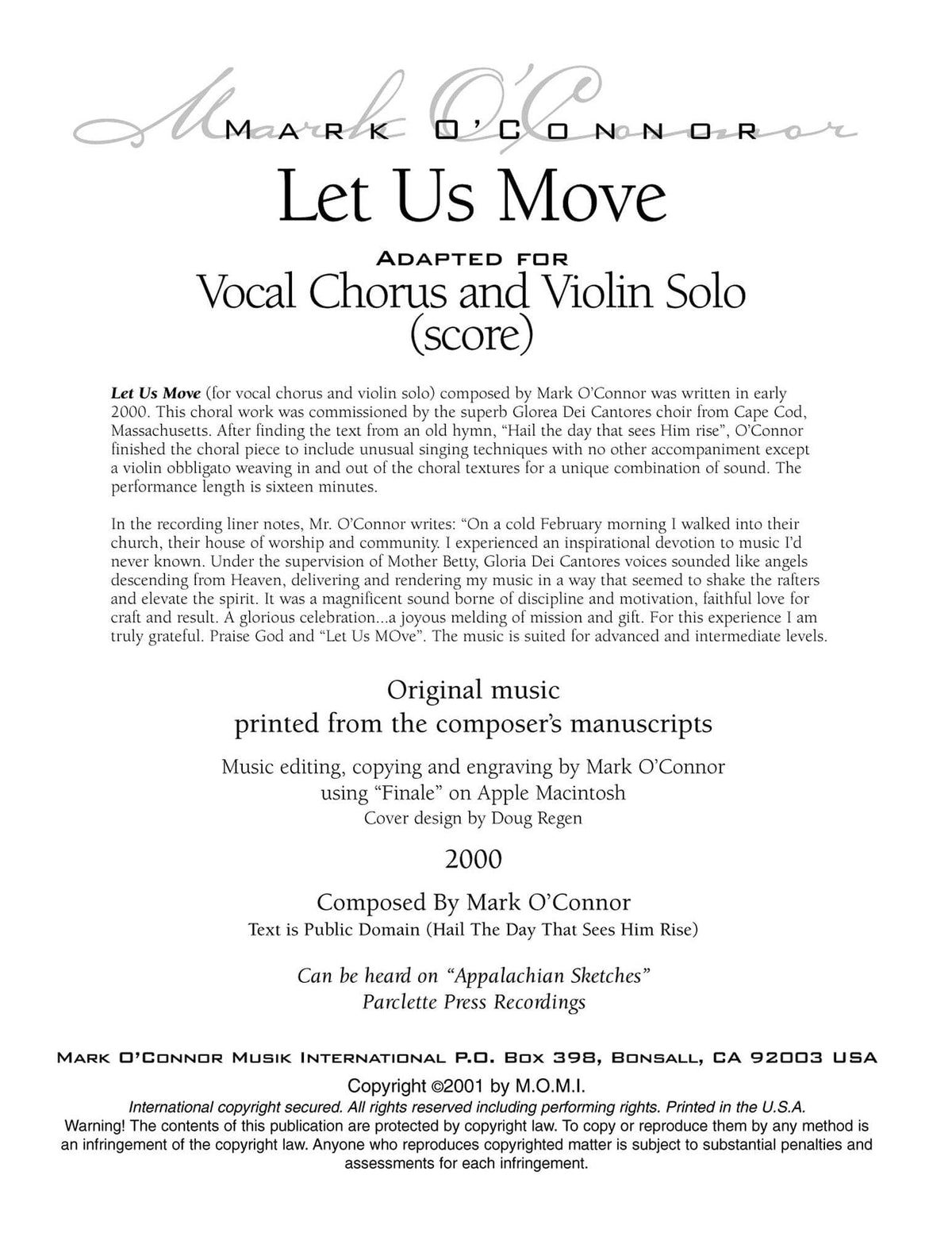 O'Connor, Mark - Let Us Move for Choir and Violin - Score - Digital Download