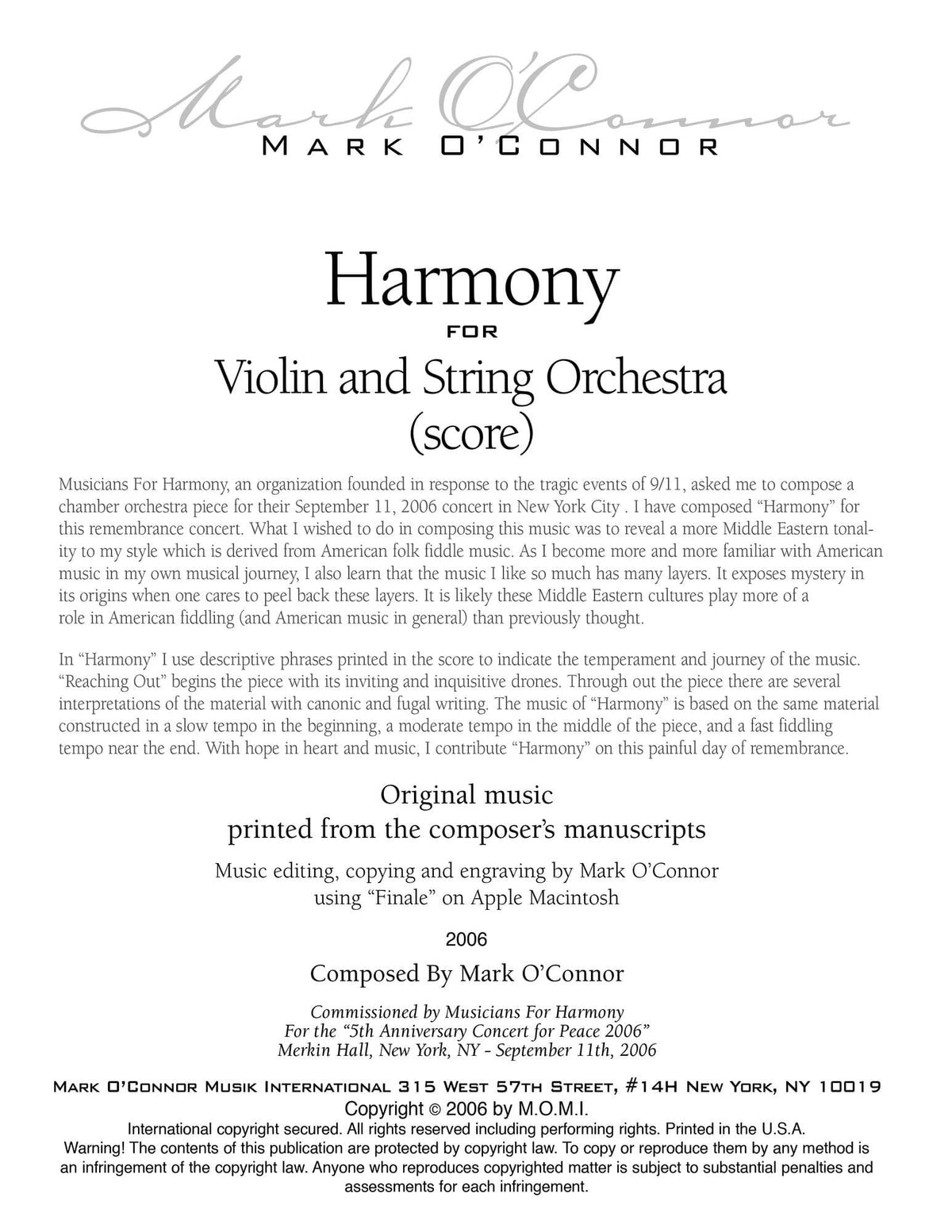 O'Connor, Mark - Harmony for Violin and Strings - Score - Digital Download