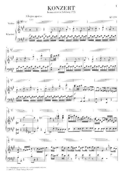 Mozart, WA - Violin Concerto No 5 in A Major, K 219 - Violin and Piano - Kurt Guntner - Henle