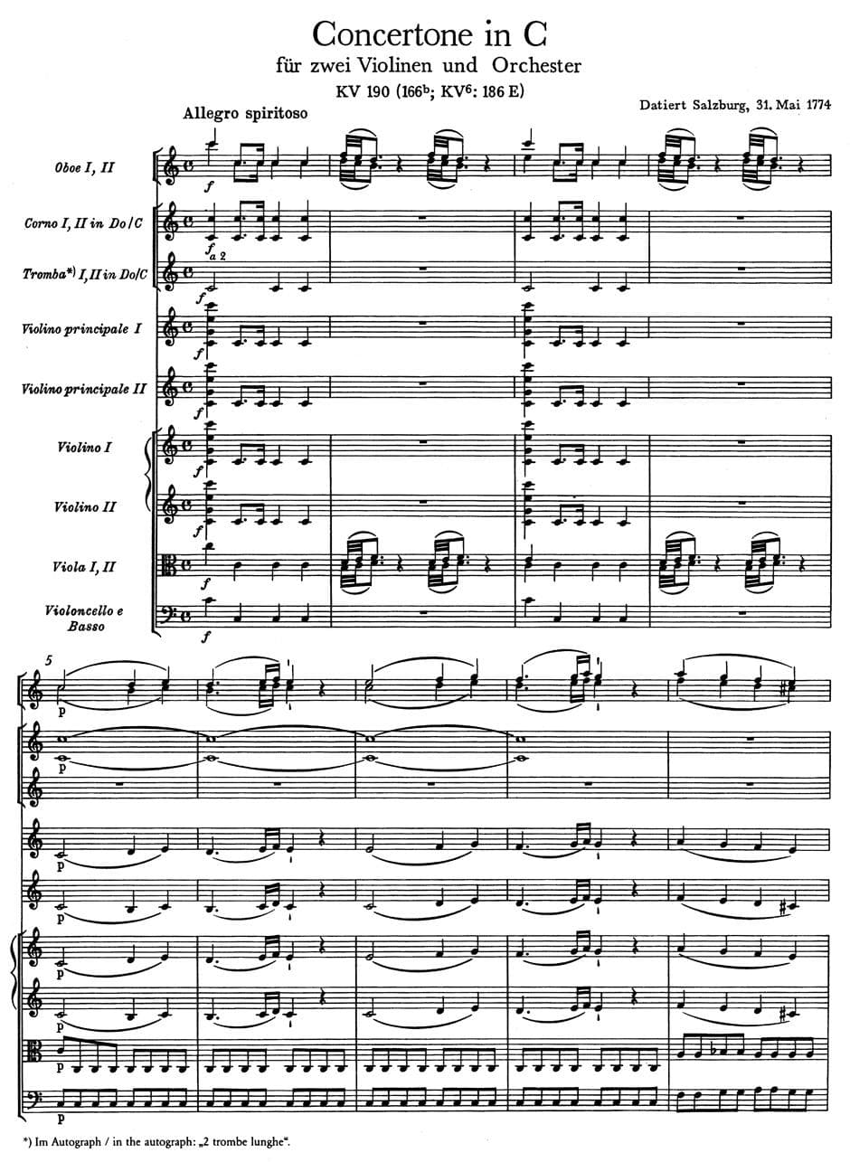 Mozart, WA - Concertone for Two Violins and Orchestra in C Major, K 190 - SCORE ONLY - Bärenreiter Verlag URTEXT