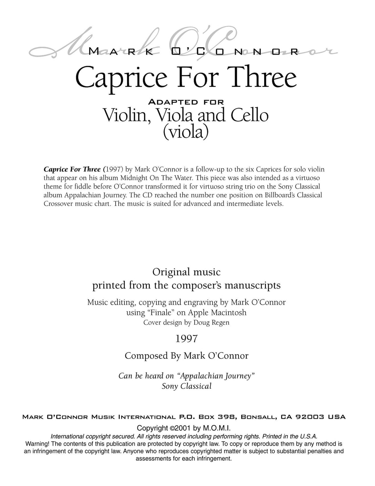 O'Connor, Mark - Caprice for Three for Violin, Viola, and Cello - Viola - Digital Download