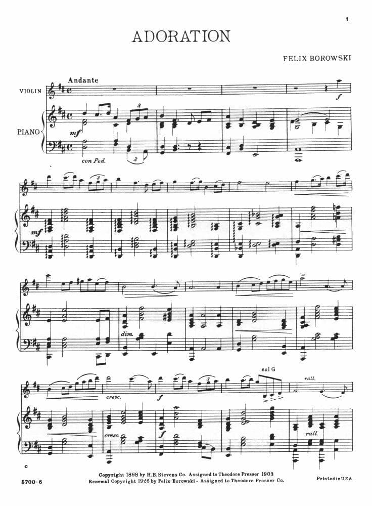 Borowski, Felix - Adoration for Violin and Piano - Theodore Presser Publication