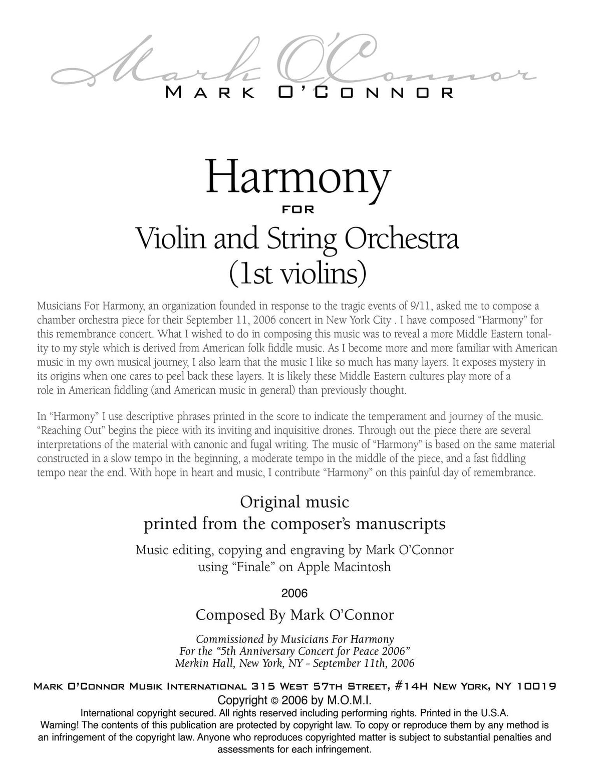 O'Connor, Mark - Harmony for Violin and Strings - 1st Violins - Digital Download