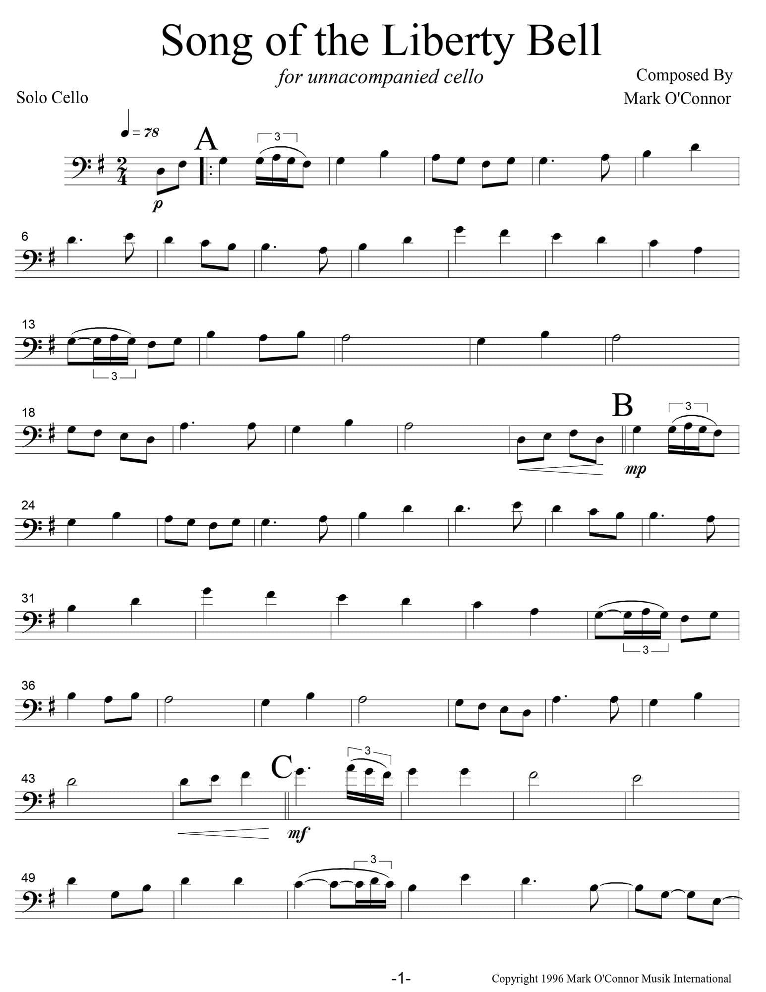 O'Connor, Mark - Song Of The Liberty Bell for Cello - Cello - Digital Download