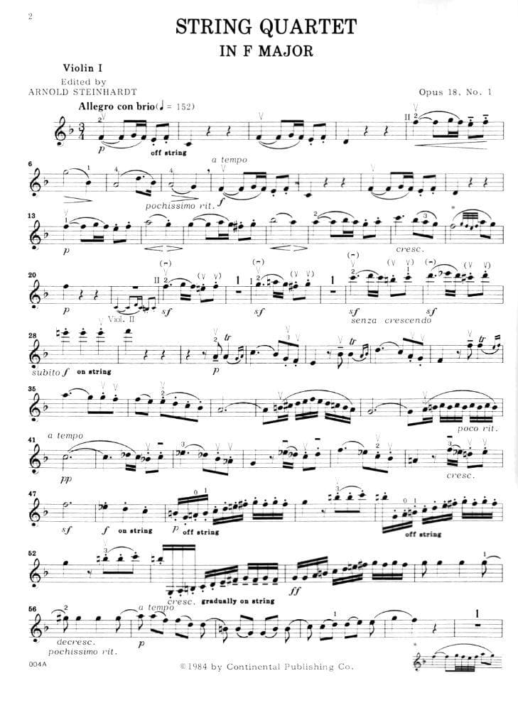 Beethoven, Ludwig - Six String Quartets, Op 18 - Two Violins, Viola and Cello - edited by the Guarneri Quartet - Continental Publication