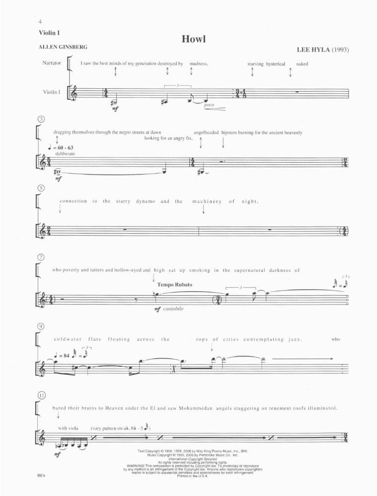 Hyla, Lee - Howl: Written for the Poem "Howl" by Allen Ginsberg - Narrator and String Quartet - Carl Fischer Edition