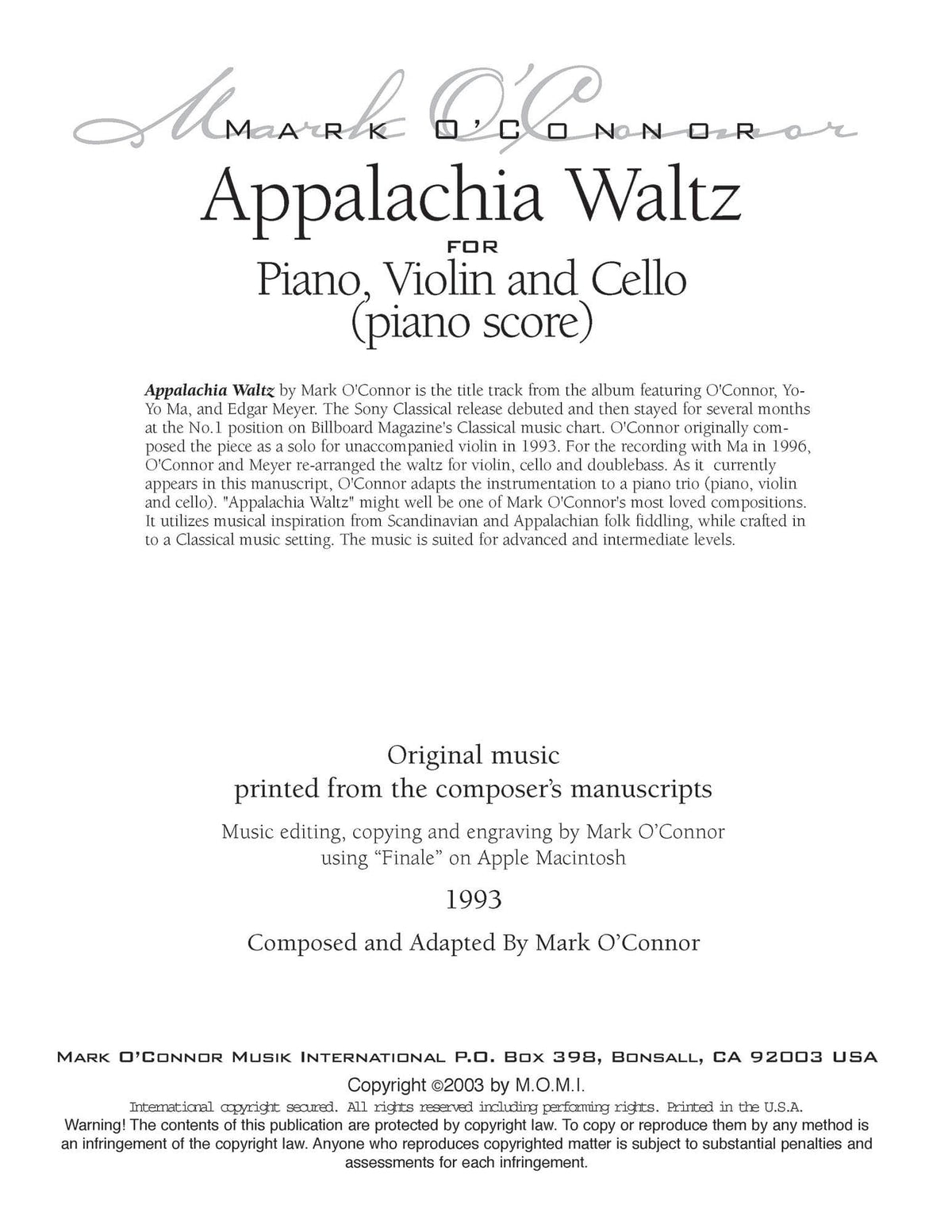 O'Connor, Mark - Appalachia Waltz for Piano, Violin, and Cello - Piano Score - Digital Download