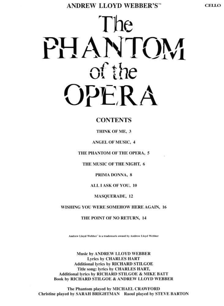 Lloyd Webber, Andrew - The Phantom of the Opera - Cello solo - Hal Leonard Edition