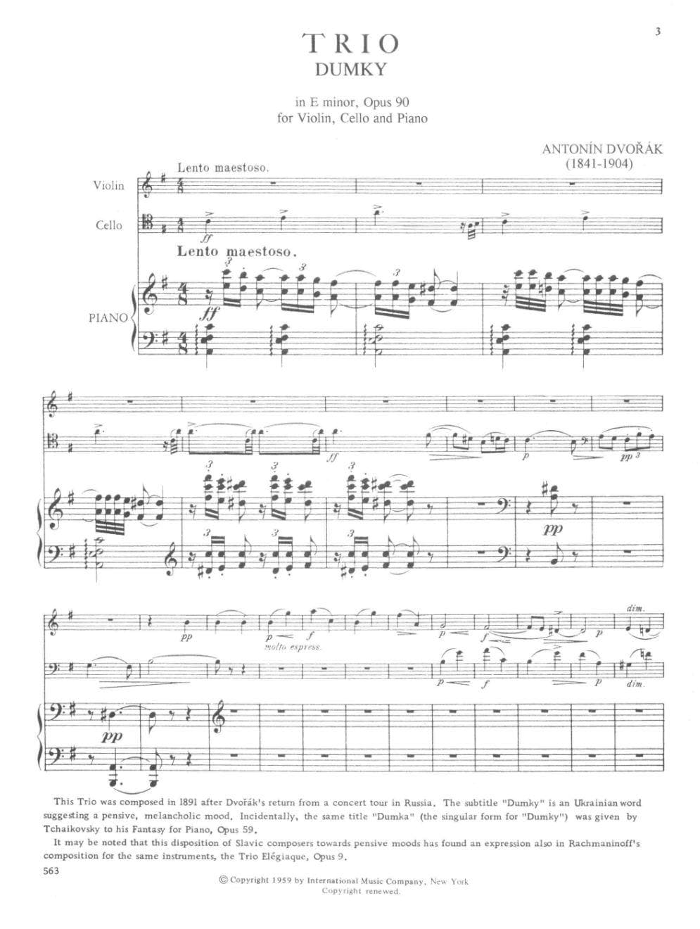 Dvorák, Antonín - Piano Trio in e minor, Op 90 ("Dumky") - Violin, Cello, and Piano - International Edition