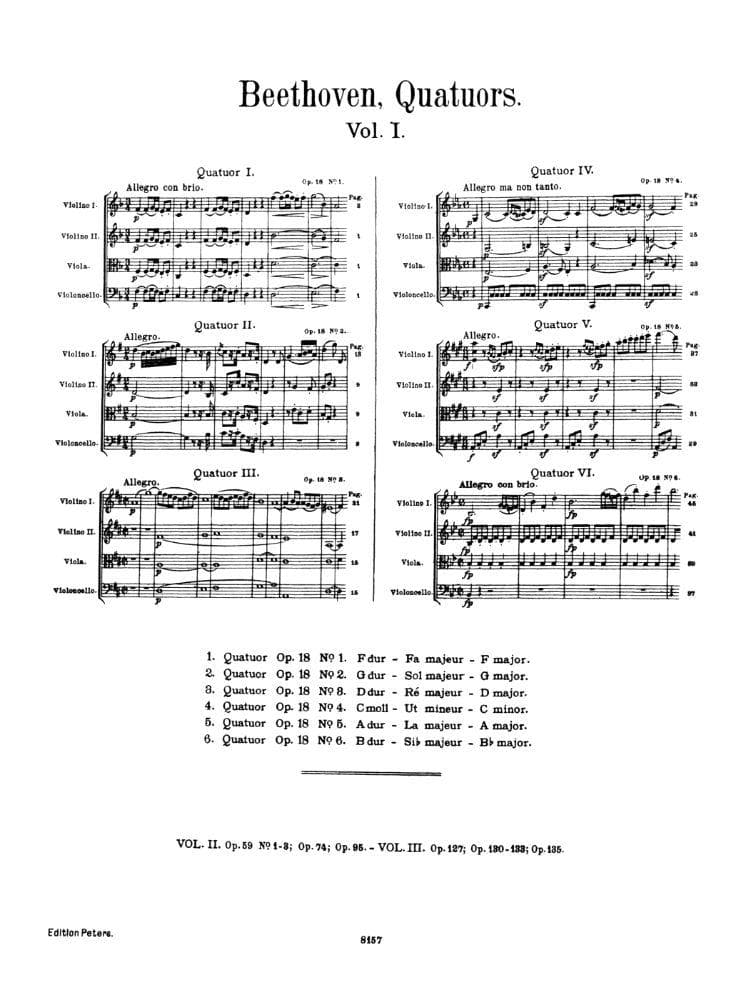 Beethoven, Ludwig - 6 String Quartets Op 18 for Two Violins, Viola and Cello - Arranged by Moser - Peters Edition