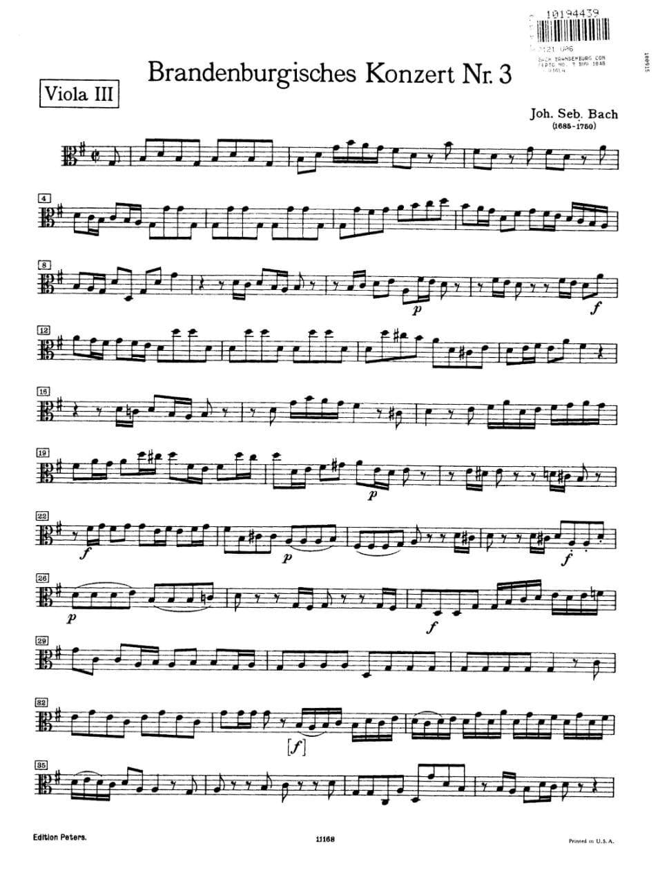 Bach, JS - Brandenburg Concerto No 3 BWV 1048 for 3rd Viola - Peters Edition