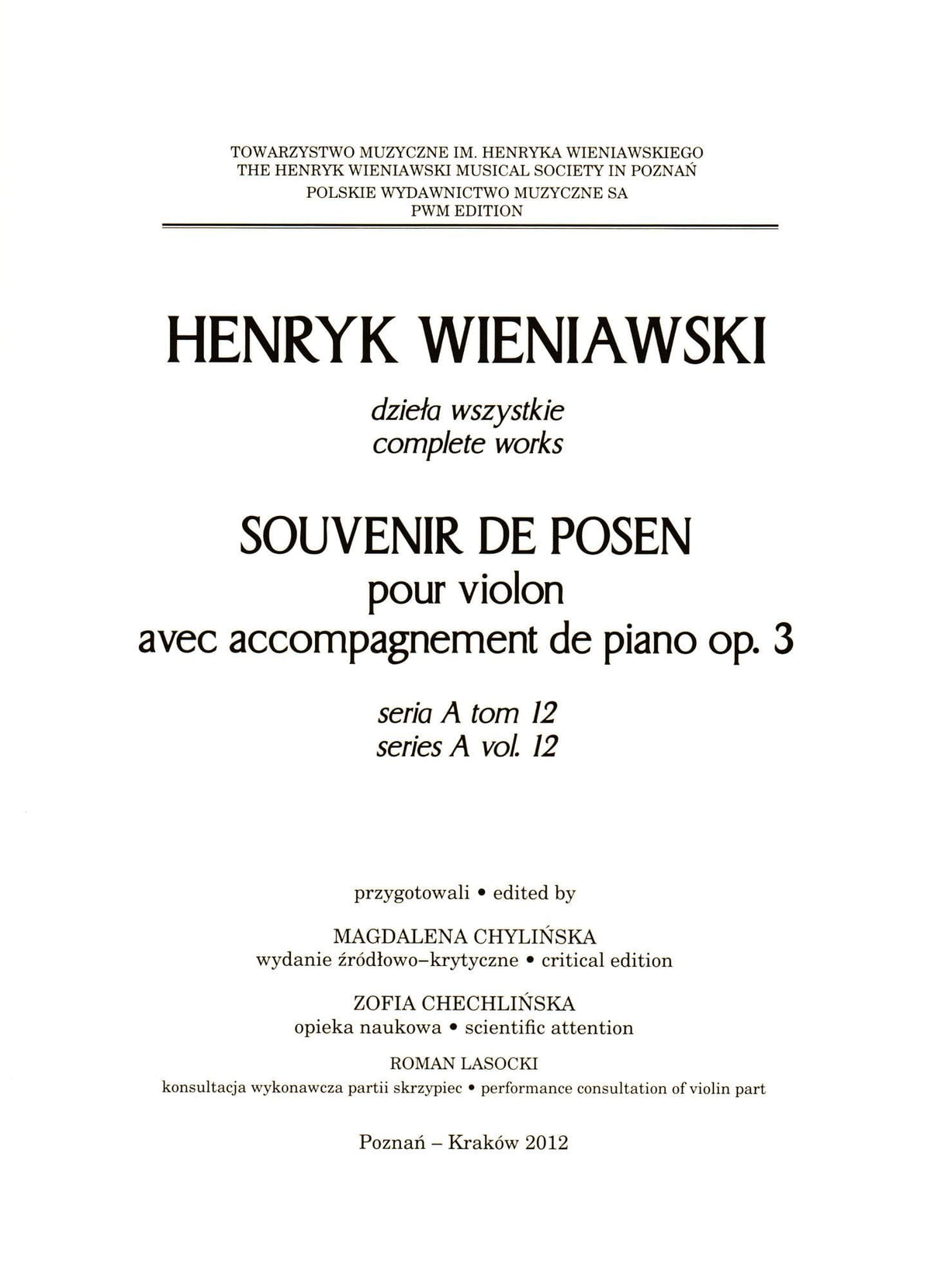 Wieniawski, Henryk - Souvenir de Posen, Opus 3 - for Violin and Piano - PWM Edition