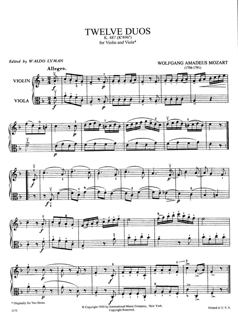 Mozart, WA - 12 Duets, K 487 - Violin and Viola - edited by Waldo Lyman - International Music Co