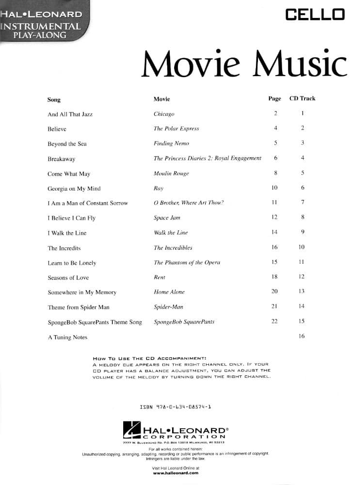 Movie Music: Solo Arrangements of 15 Favorite Songs with CD Accompaniment - Cello - Book/CD set - Hal Leonard Publication