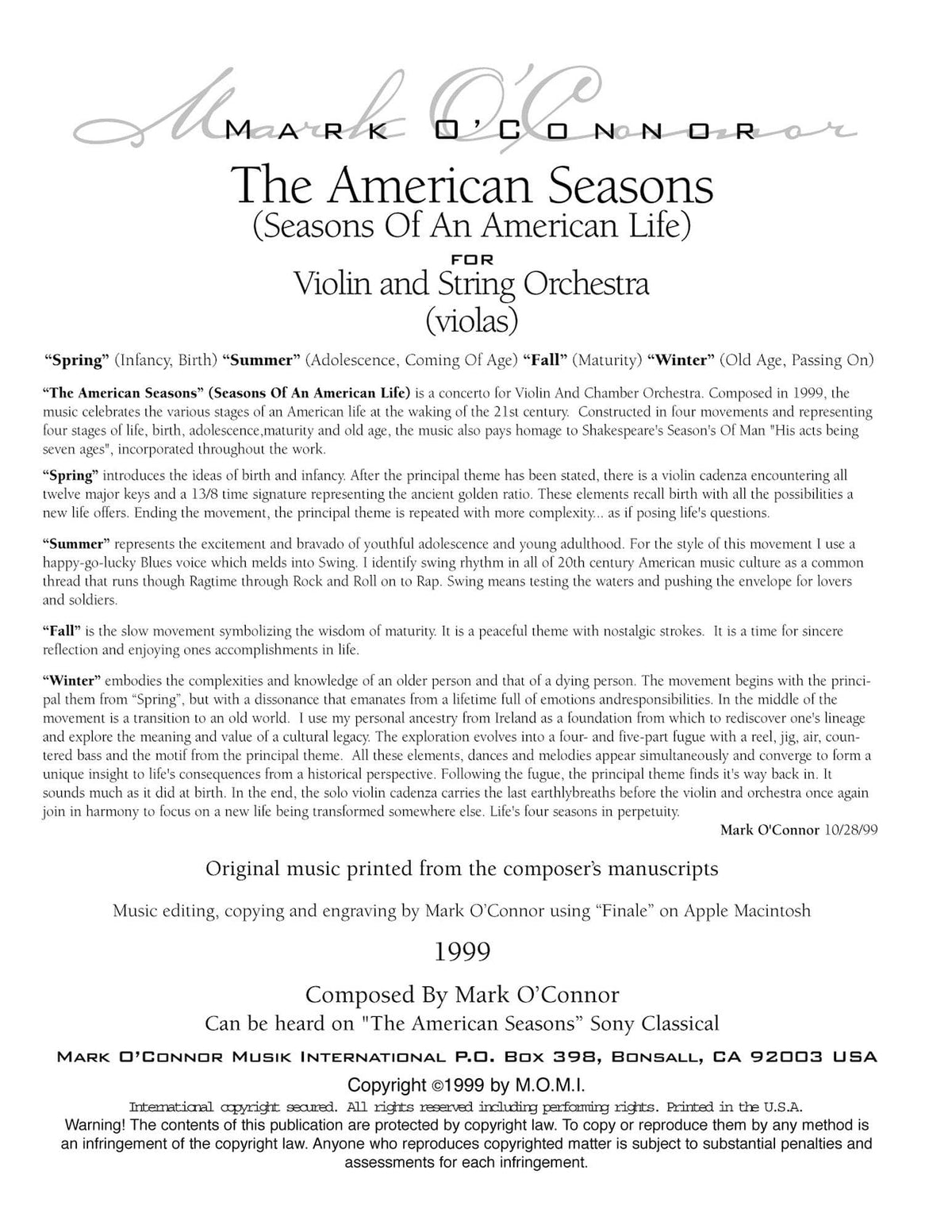 O'Connor, Mark - American Seasons for Violin and String Orchestra - Violas - Digital Download