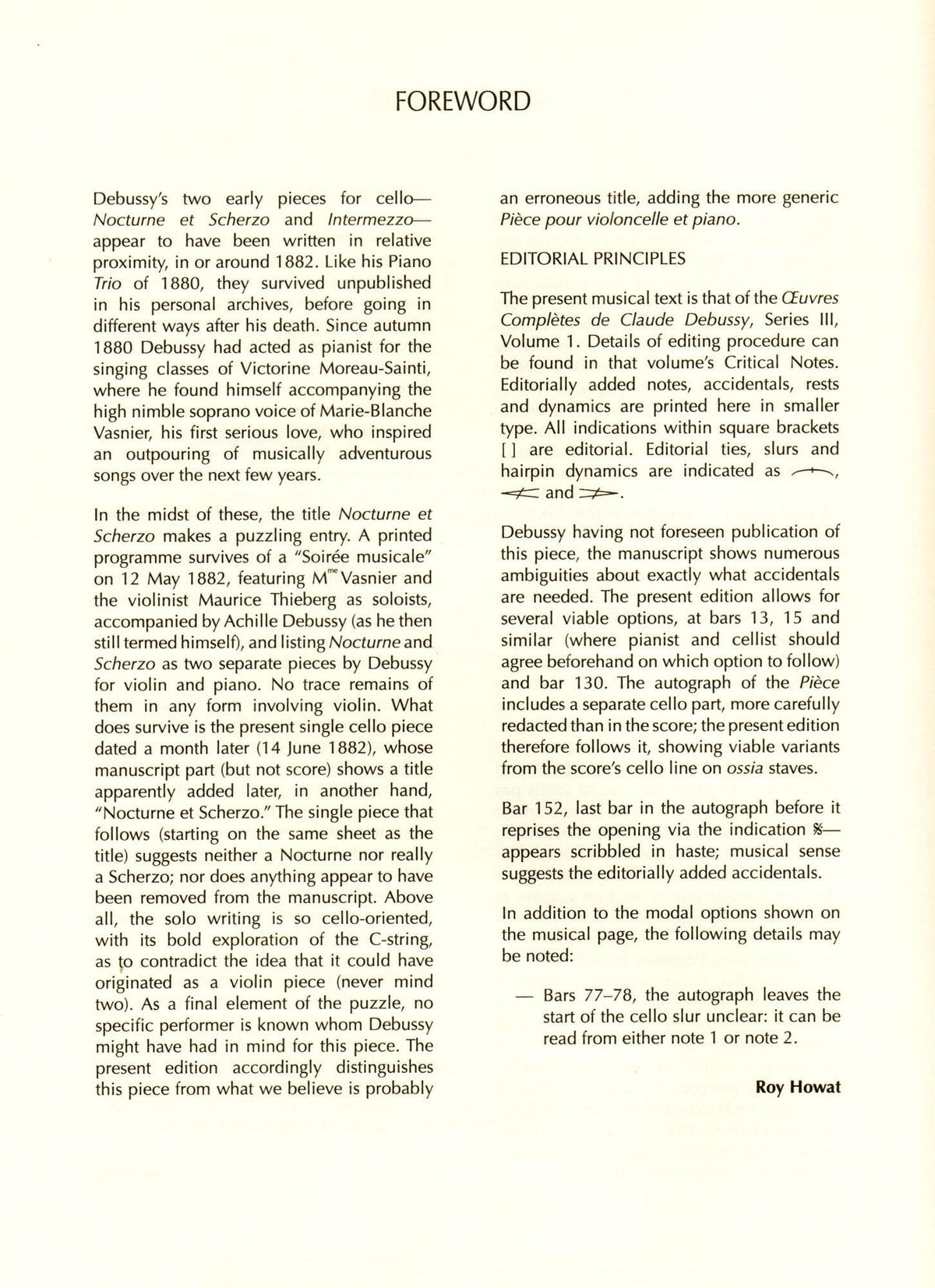 Debussy, Claude - Nocturne and Scherzo for Cello and Piano - edited by Roy Howat - Durand Edition