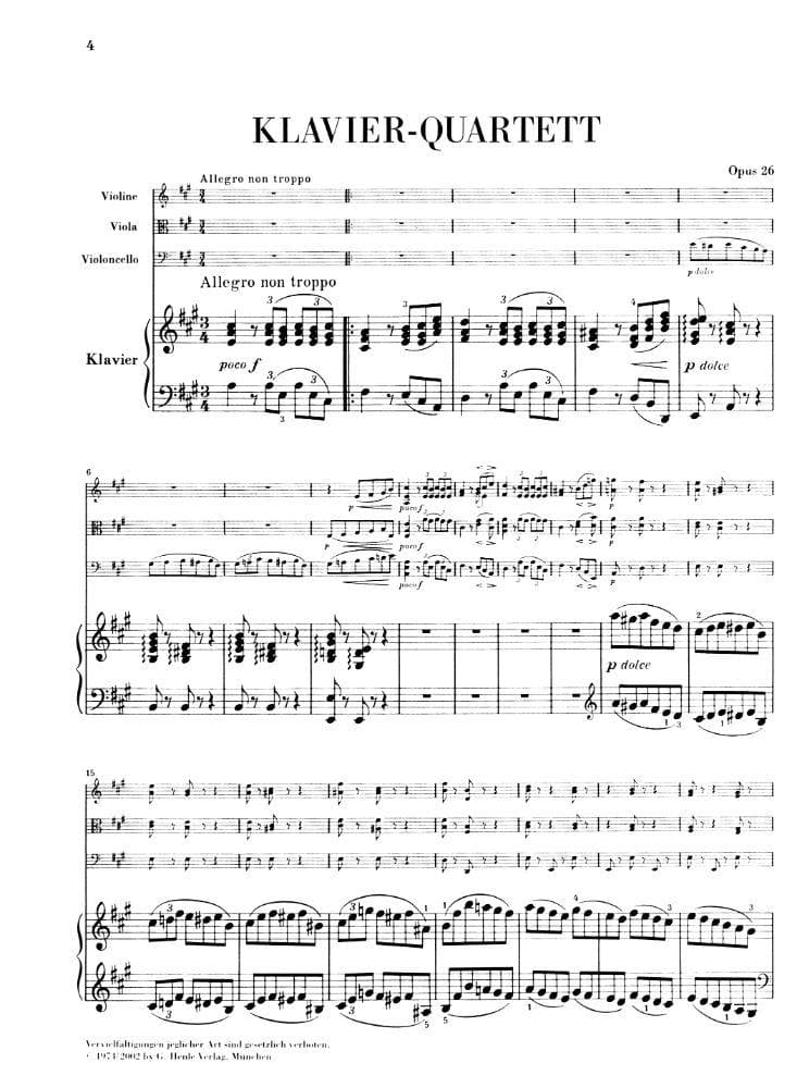 Brahms, Johannes - Piano Quartet No 2 in A Major Op 26 for Violin, Viola, Cello and Piano - Henle Verlag URTEXT Edition