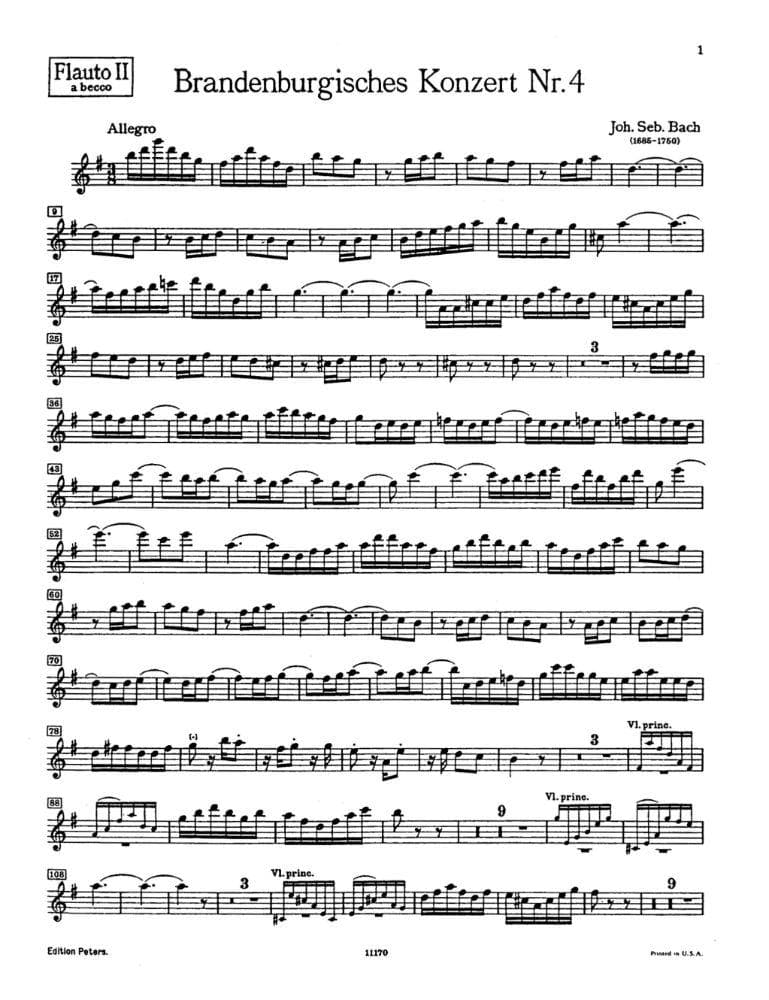 Bach, J.S. - Brandenburg Concerto No. 4, BWV 1049 - Flute 2 Part - Peters Edition