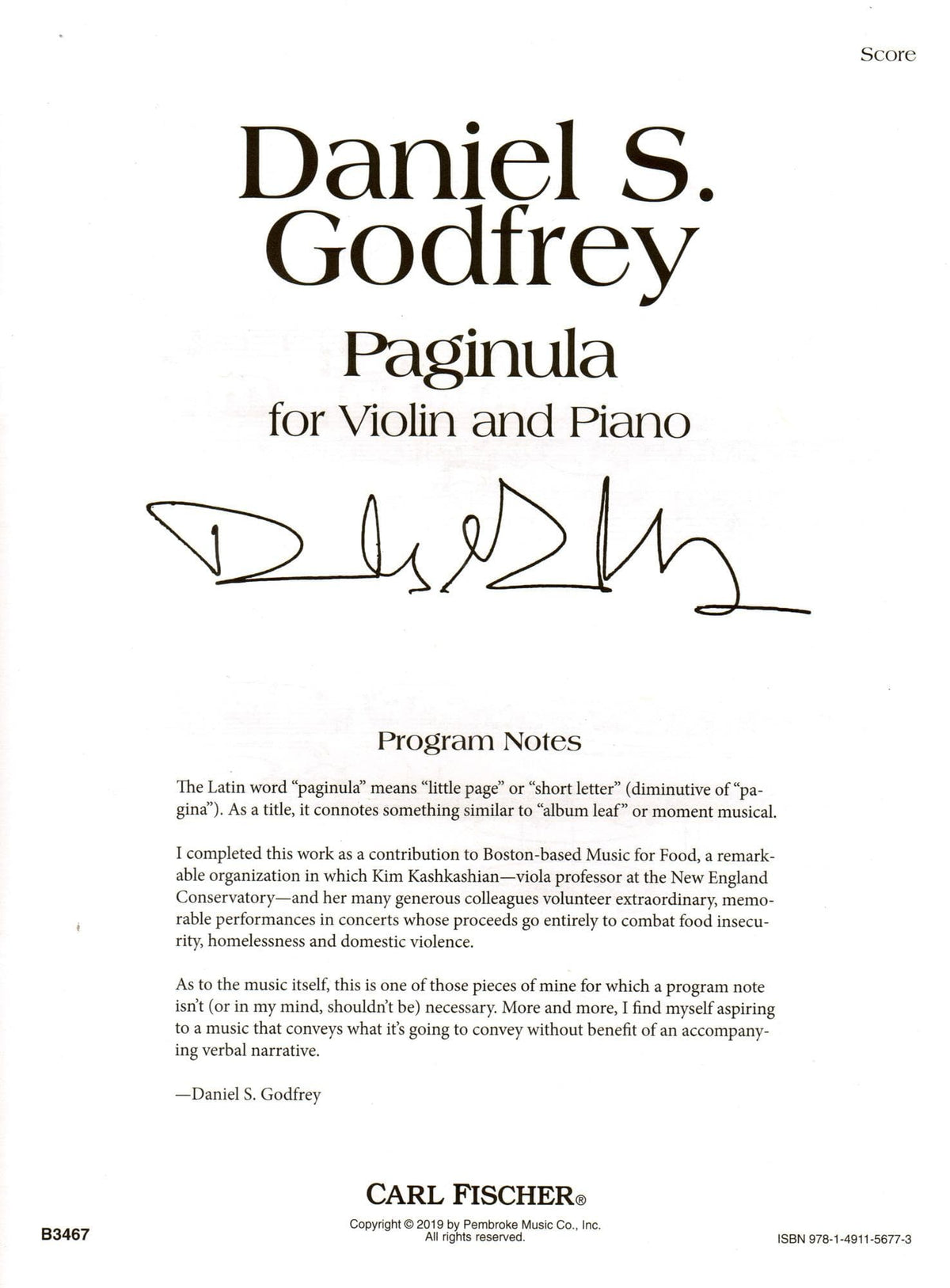 Godfrey, Daniel - Paginula - For Violin and Piano - Carl Fischer Edition