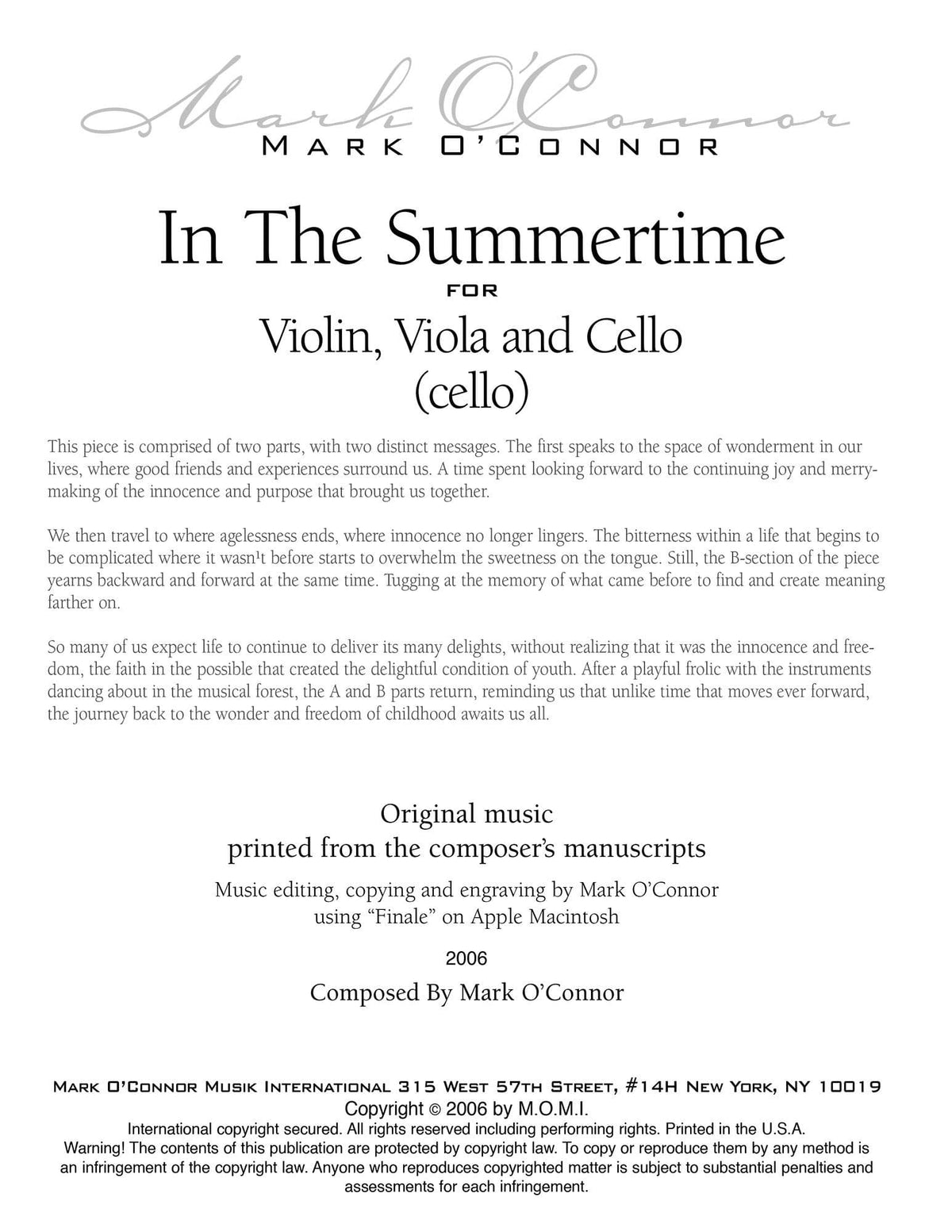 O'Connor, Mark - In the Summertime for Violin, Viola, and Cello - Cello - Digital Download