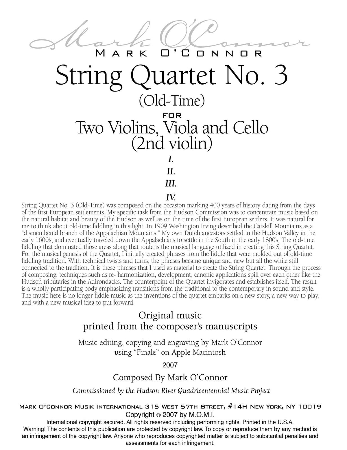 O'Connor, Mark - String Quartet No. 3 (Old-Time) for 2 Violins, Viola, and Cello - Violin 2 - Digital Download