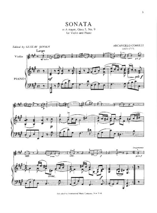 Arcangelo Corelli - 3 Selected Violin Sonatas, Op 5 - Violin and Piano - edited by Gustav Jensen - International Music Company