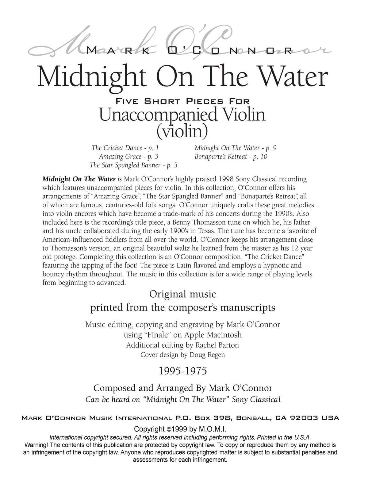 O'Connor, Mark - Midnight On The Water for Unaccompanied Violin - Digital Download