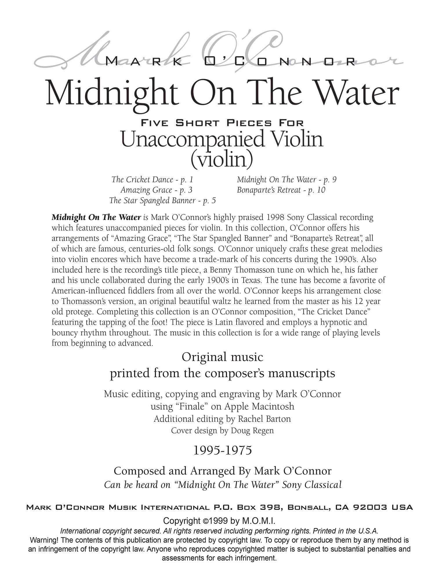 O'Connor, Mark - Midnight On The Water for Unaccompanied Violin - Digital Download