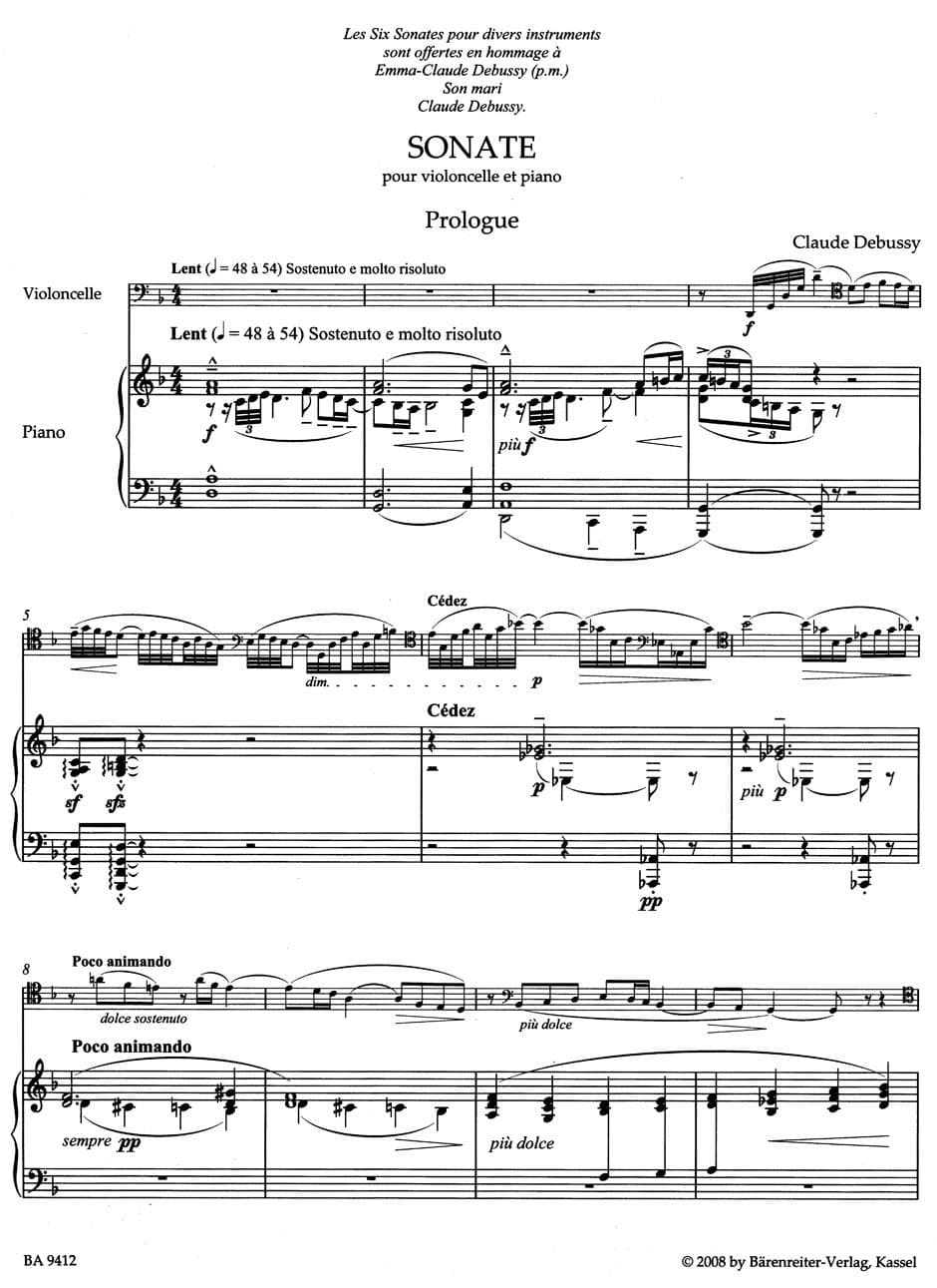 Debussy, Claude - Cello Sonata - for Cello and Piano - edited by Regina Back, Douglas Woodfull-Harris - Baerenreiter