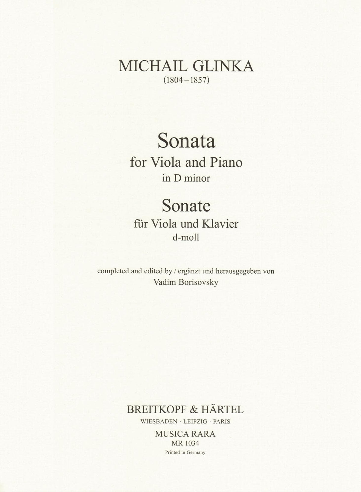 Glinka, Mikhail - Sonata in D minor - for Viola and Piano - Breitkopf & Haertel Edition
