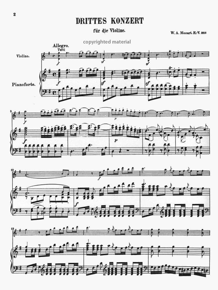 Mozart, WA - Concerto No 3 in G Major, K 216 - Violin and Piano - Kalmus Edition