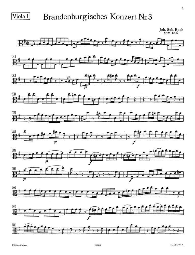 Bach, JS - Brandenburg Concerto No 3 BWV 1048 for 1st Viola - Peters Edition