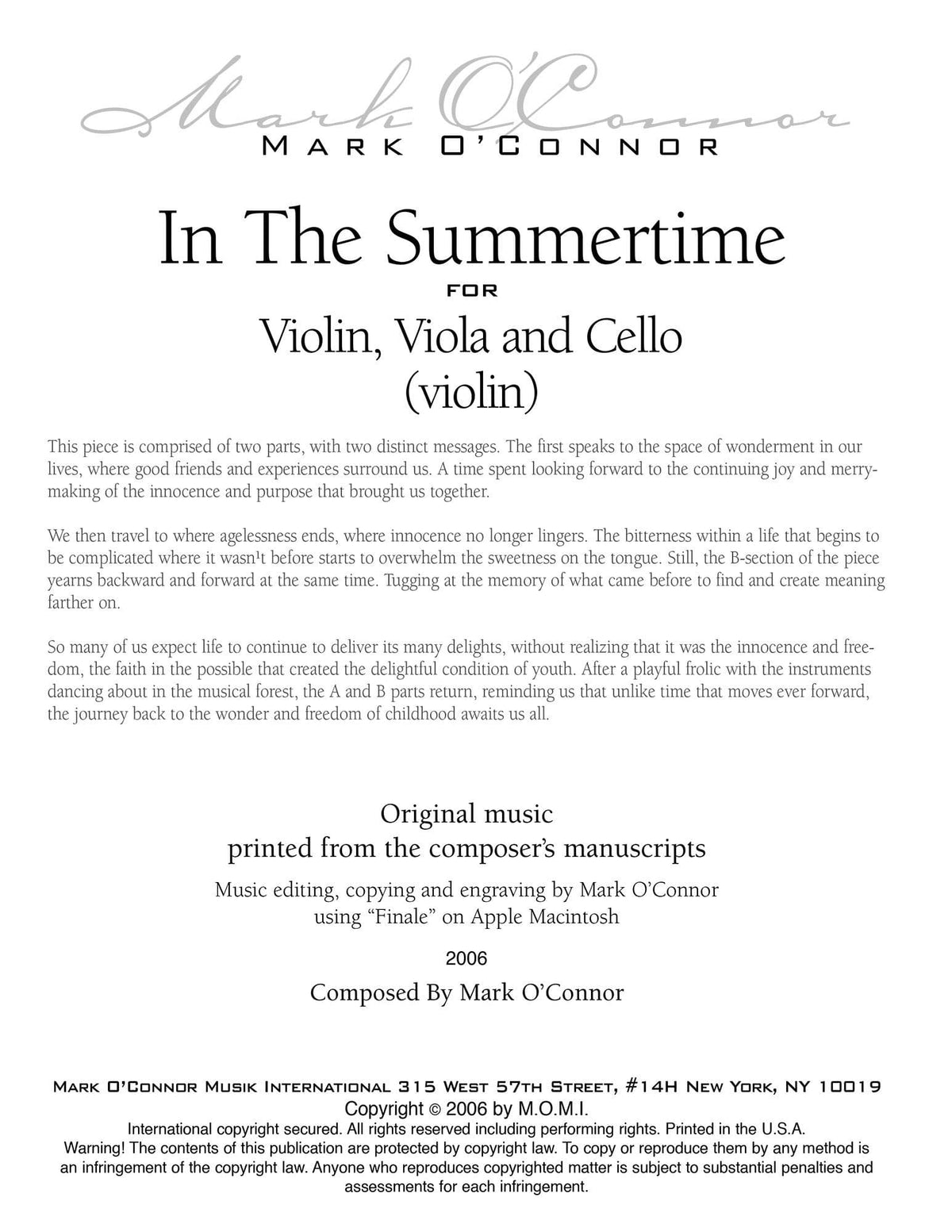 O'Connor, Mark - In the Summertime for Violin, Viola, and Cello - Violin - Digital Download