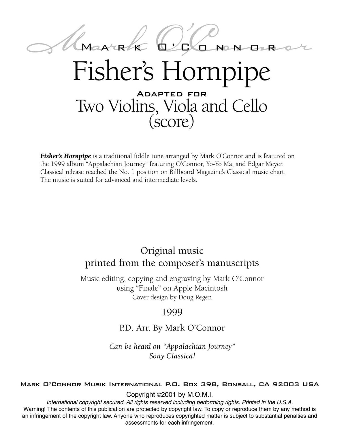 O'Connor, Mark - Fisher's Hornpipe for 2 Violins, Viola, and Cello - Score - Digital Download