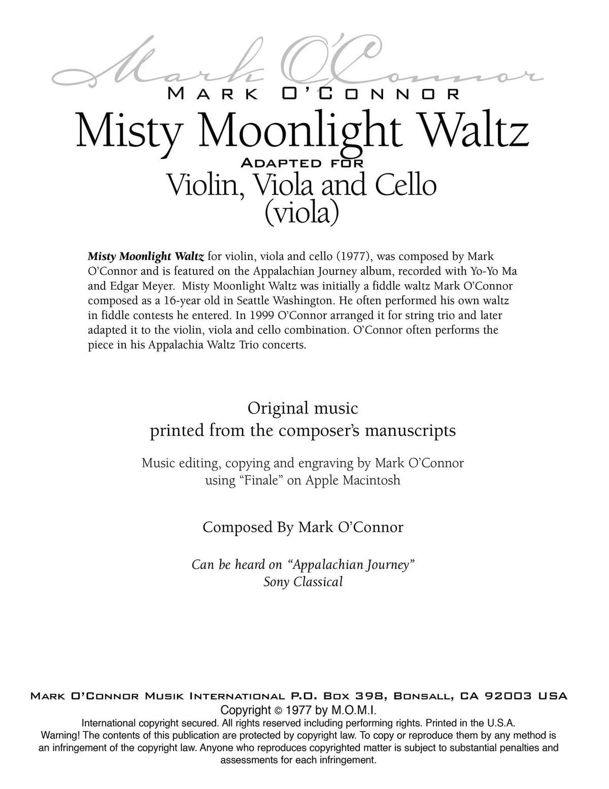 O'Connor, Mark - Misty Moonlight Waltz for Violin, Viola, and Cello - Viola - Digital Download