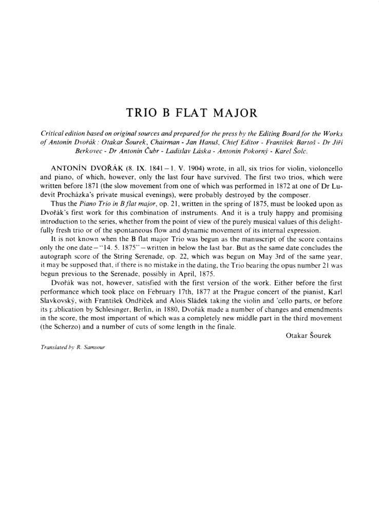 Dvorák, Antonín - Piano Trio in B-flat Major, Op 21 - Violin, Cello, and Piano - Masters Music Publications