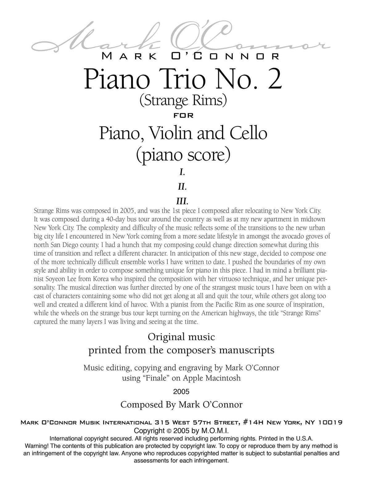 O'Connor, Mark - Piano Trio No. 2 (Strange Rims) for Piano, Violin, and Cello - Piano Score - Digital Download