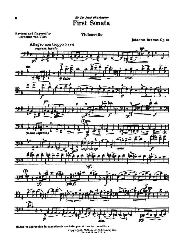 Brahms, Johannes - Sonata No 1 in e minor Op 38 for Cello and Piano - Arranged by Van Vliet - Schirmer Edition