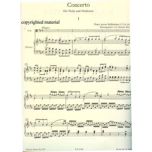 Hoffmeister, Franz Anton - Concerto in D Major - Viola and Piano - edited by Clemens Richter and Gerhard Rolf Bauer - Edition Peters