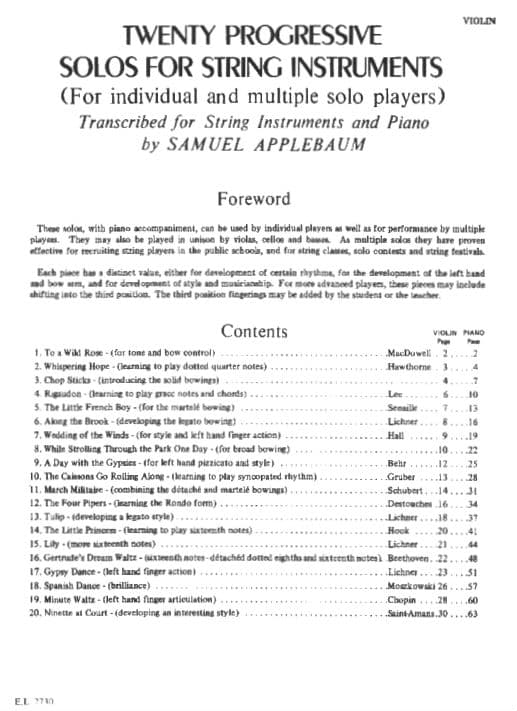 20 Progressive Solos for String Instruments for Violin - arranged by Samuel Applebaum - Alfred Publication