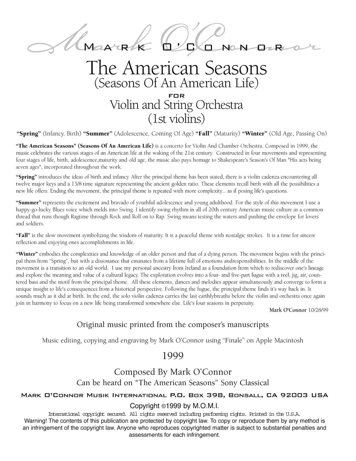 O'Connor, Mark - American Seasons for Violin and String Orchestra - 1st Violins - Digital Download