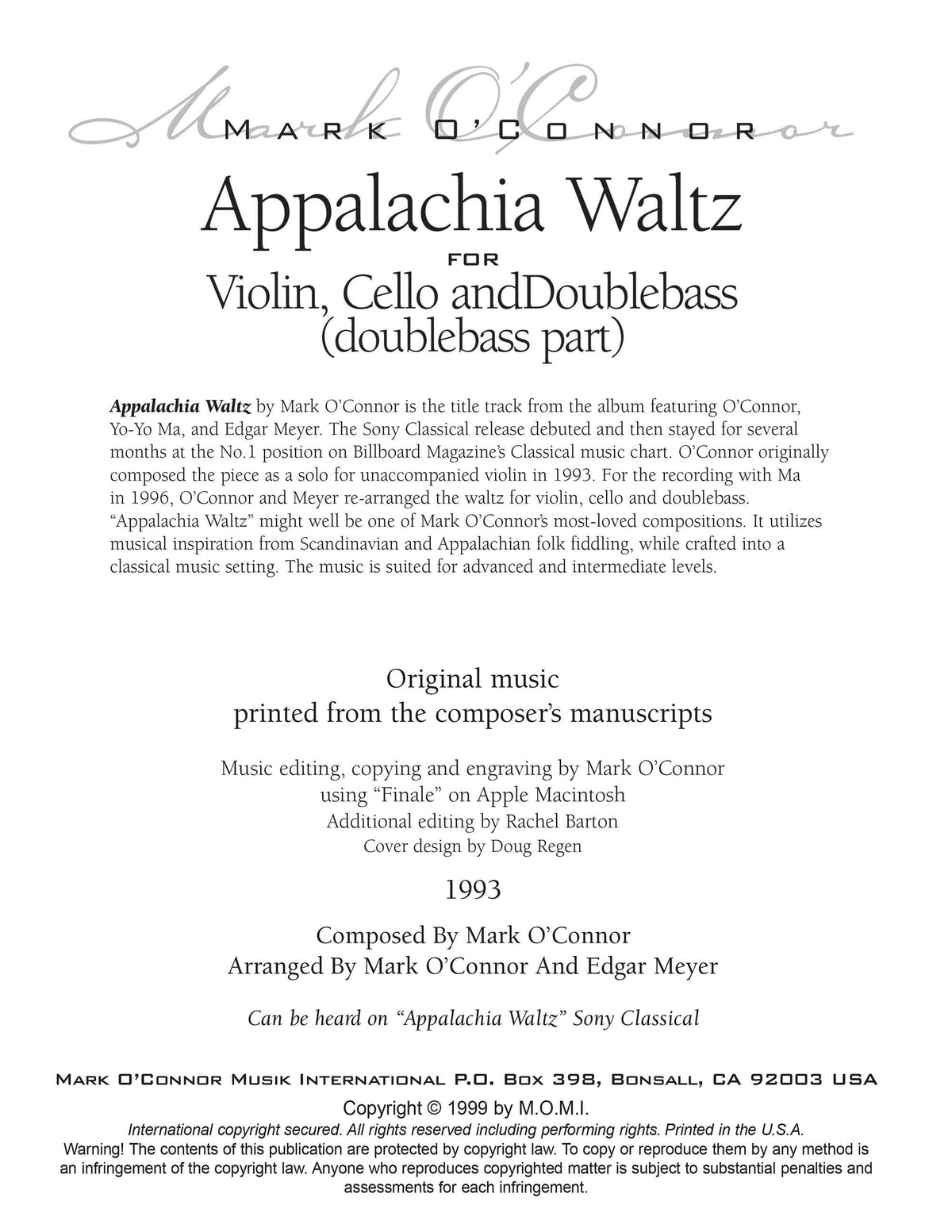 O'Connor, Mark - Appalachia Waltz for Violin, Cello, and Bass - Bass - Digital Download