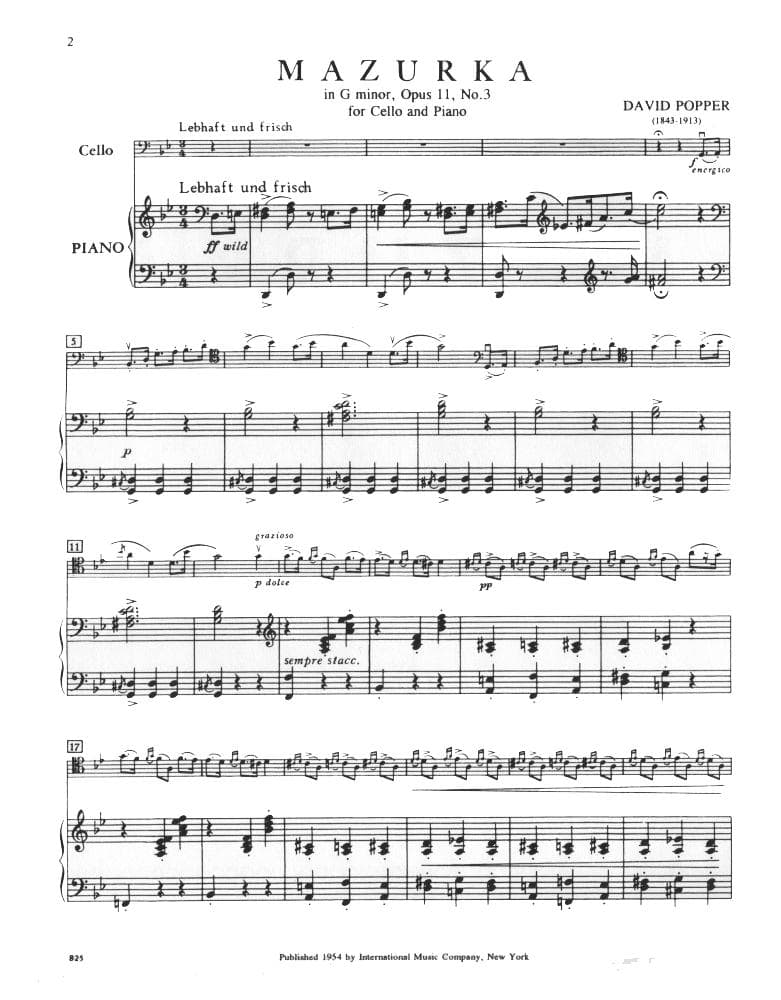 Popper, David - Mazurka in G Minor, Op 11 No 3 - for Cello and Piano - International Music Co
